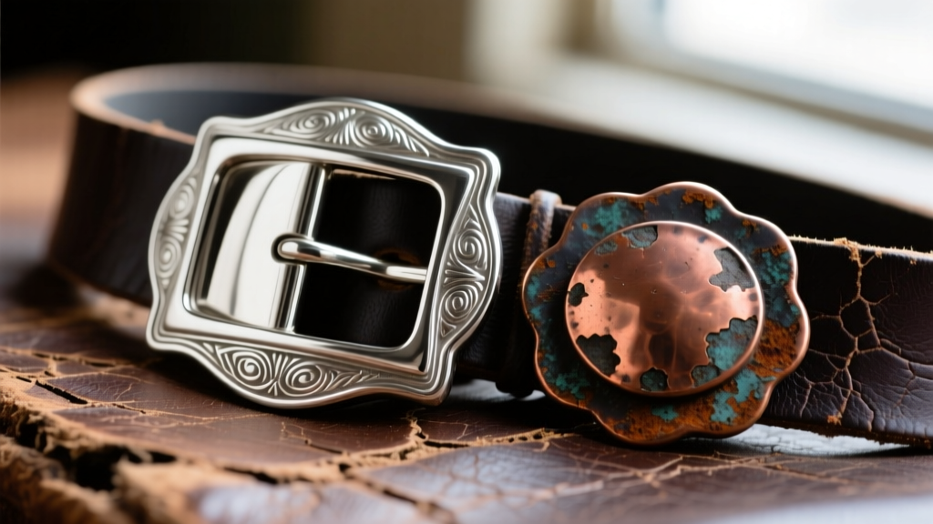 Macro shot of a polished sterling silver concho belt buckle next to an aged, dark-patina copper concho on distressed leather.