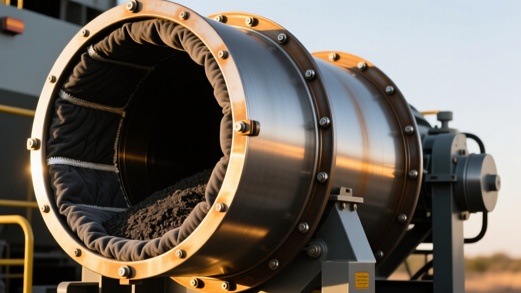 Close-up of a counterflow asphalt drum mixer with high-RAP collar attachment and ceramic fiber insulation for thermal efficiency