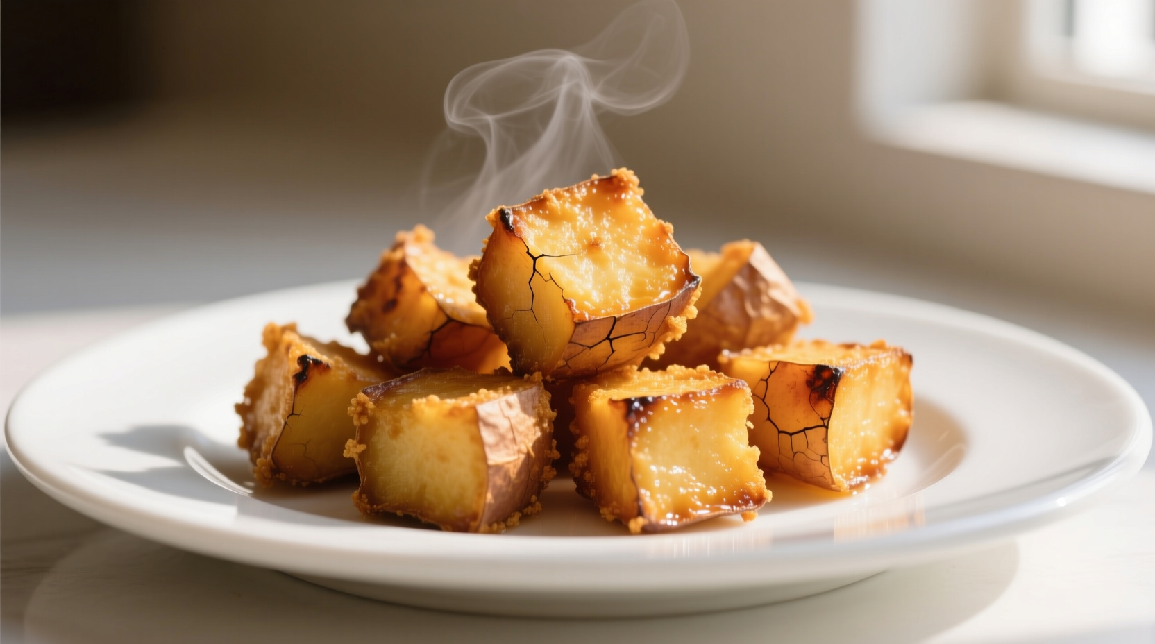 Perfectly air fried sweet potato cubes on white plate