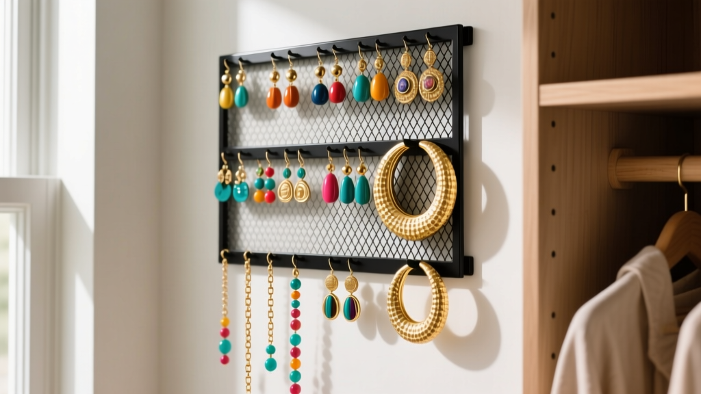 Black metal mesh earring organizer wall in a closet, decorated with colorful dangle earrings and large textured gold hoops