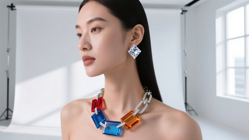 Model wearing an asymmetric cubic zirconia ear cuff and modular bio-acetate chain necklace in a modern minimalist studio setting.