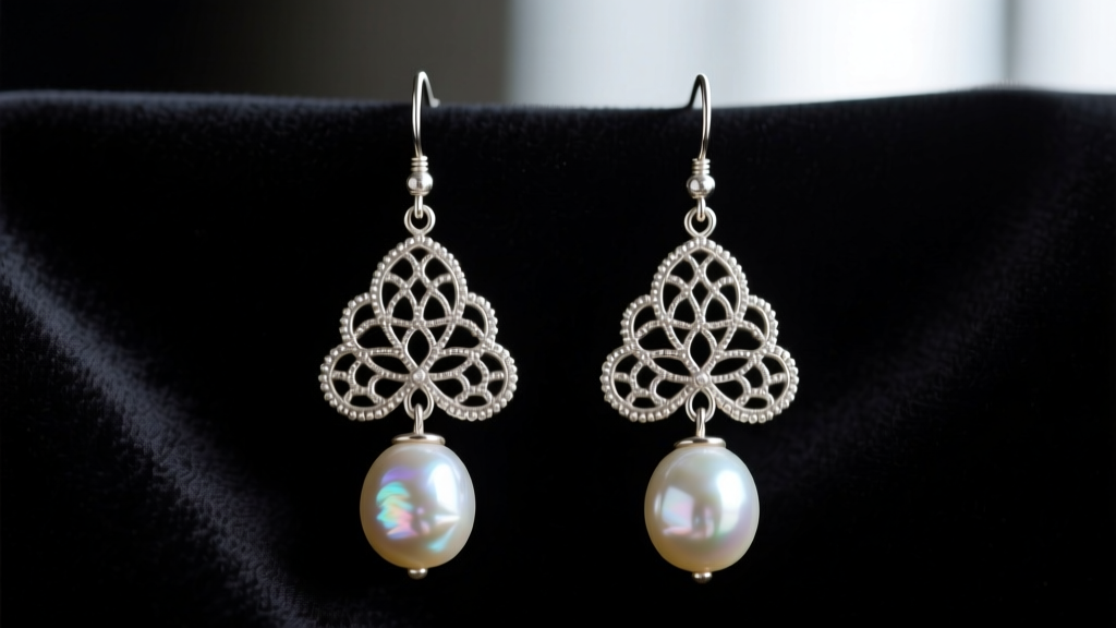 Close-up of antique Edwardian platinum filigree drop earrings featuring natural saltwater pearls against dark velvet background.