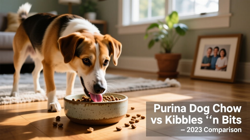 A happy, healthy medium-sized mixed-breed dog eating Purina Dog Chow from a ceramic bowl in natural daylight