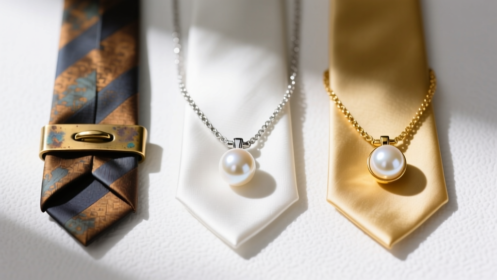 Flat lay comparing three pearl necktie necklaces showing tarnished brass hardware, pristine sterling silver, and solid 14k gold