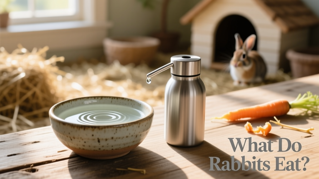 Two water sources side by side: a ceramic bowl and a stainless-steel small-animal water bottle