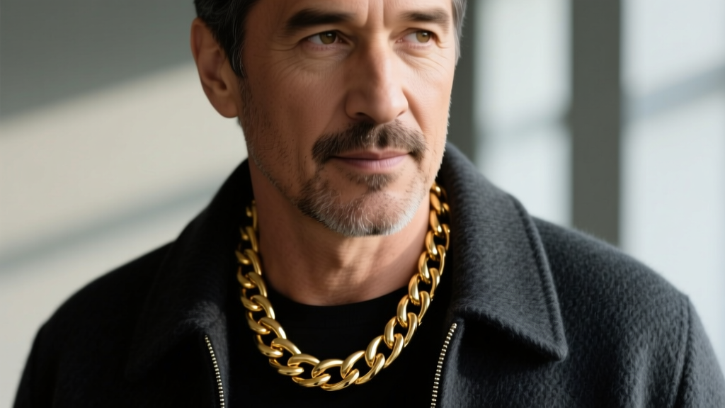 Close-up of a man wearing a thick 14k gold Cuban link chain over a dark jacket, soft lighting highlighting the polished metal.