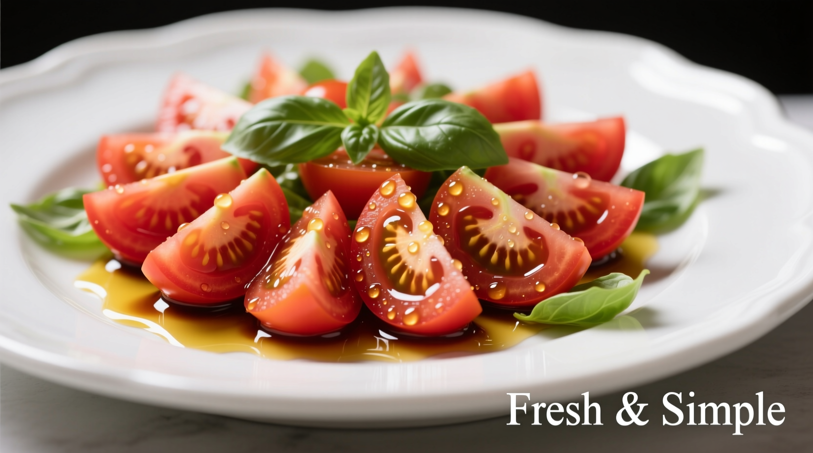 Fresh tomato salad with balsamic vinegar on white plate