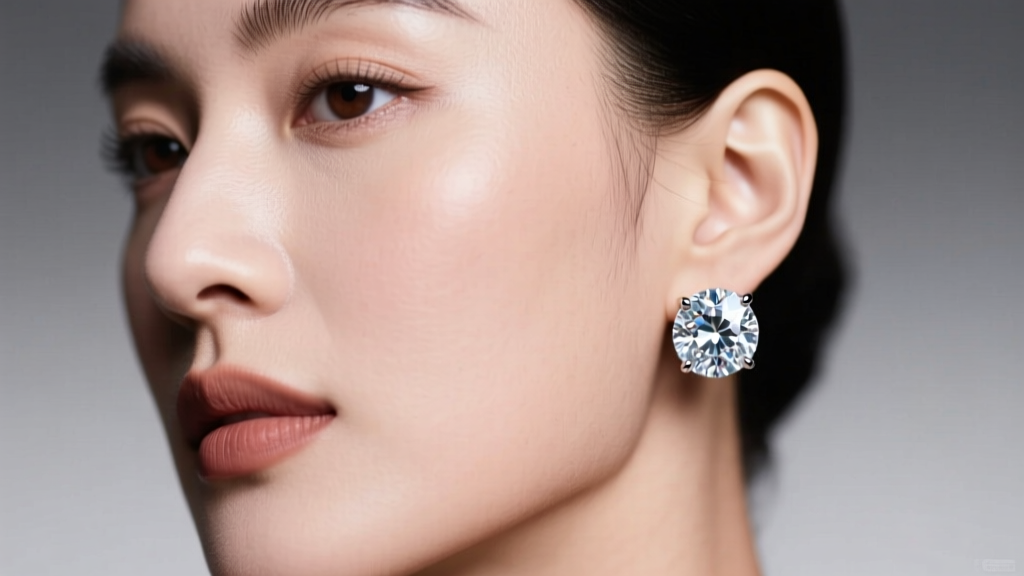Close-up of a woman wearing large 4-carat round brilliant diamond statement stud earrings in platinum, soft studio lighting