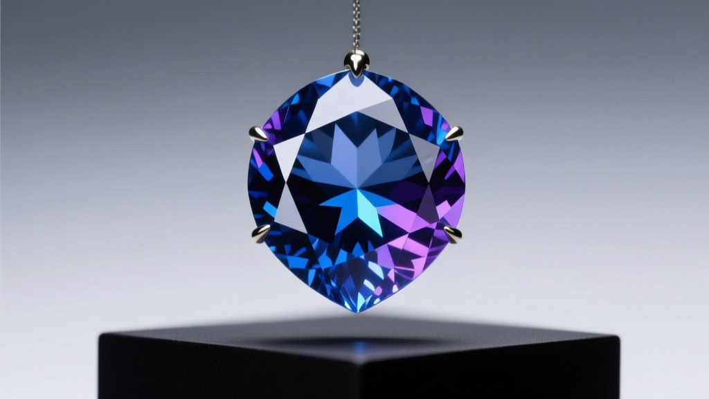 Macro shot of a pear-cut tanzanite showing pleochroism, displaying distinct blue and violet zones under bright studio lighting.