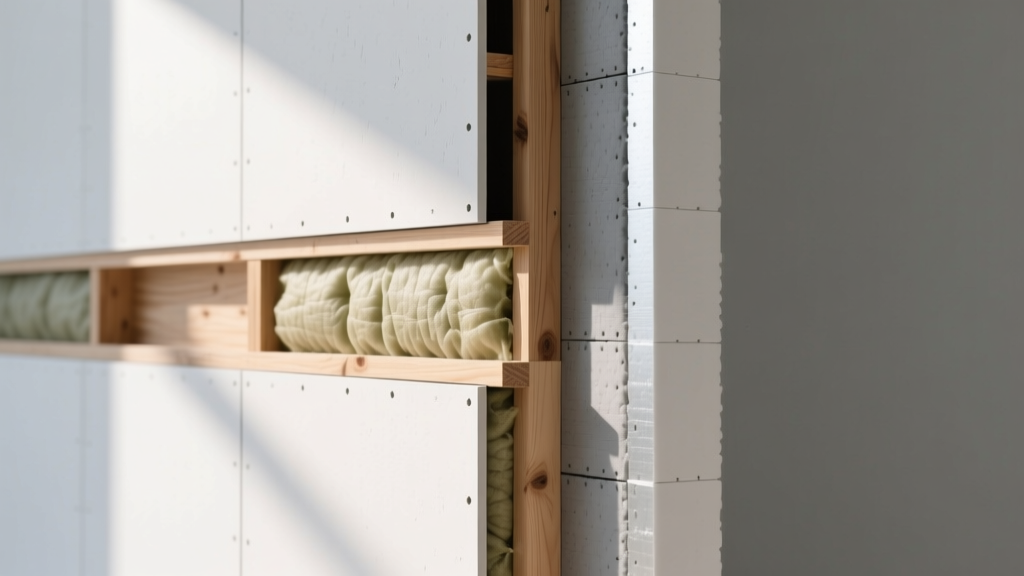Wall cross-section with interior gypsum board, fiberglass batts between wood studs, and exterior rigid polyiso foam sheathing