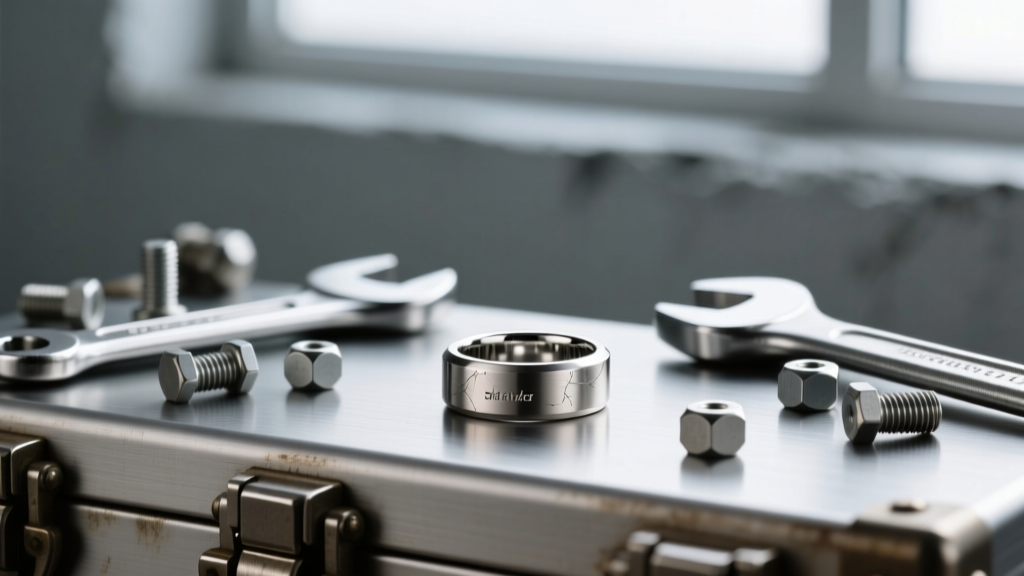 Titanium smart ring covered in minor micro-scratches resting on a metal toolbox next to steel wrenches and scattered hex bolts