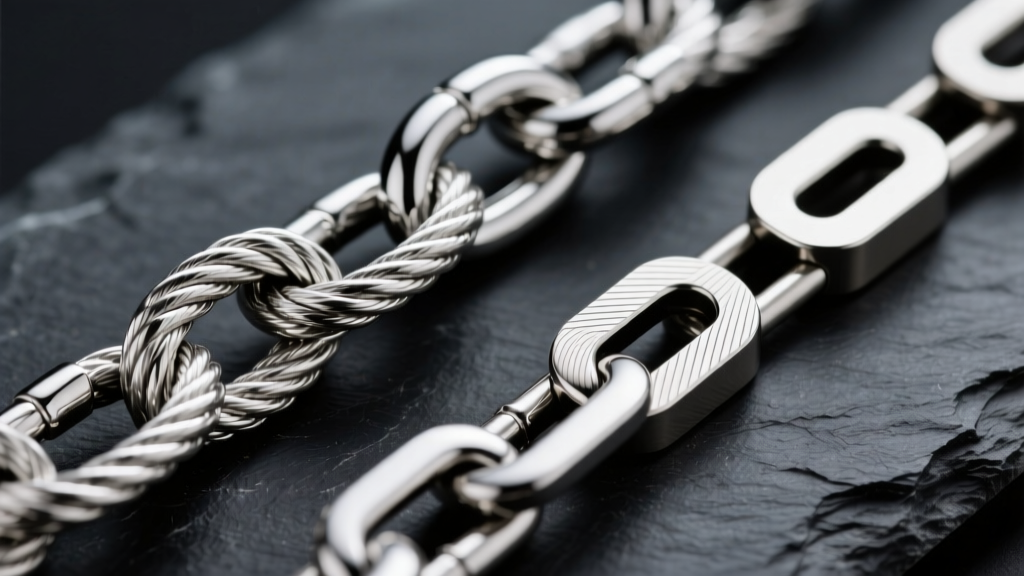 Macro photography comparing a polished 316L stainless steel rope chain next to a brushed Grade 23 titanium box chain on dark slate