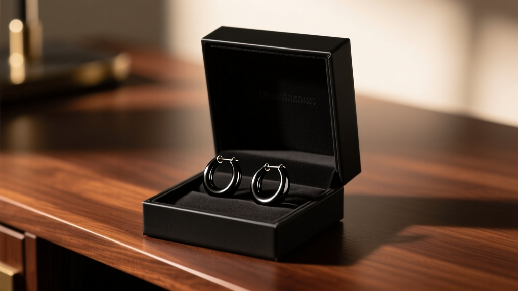 Open matte black presentation box on dark oak desk revealing 16-gauge anodized titanium black hoop earrings under warm lighting