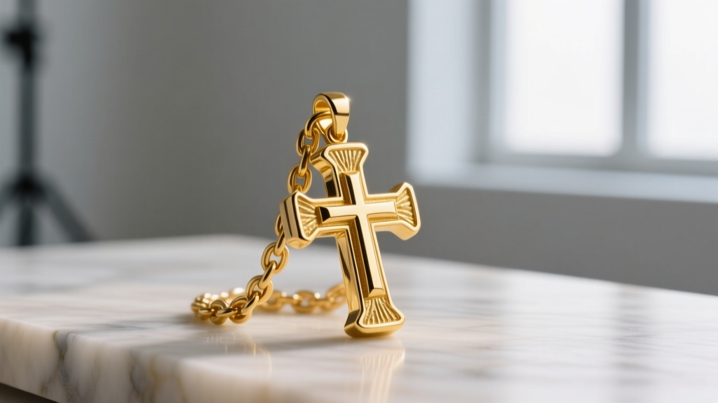 Macro shot of a solid gold chunky cross pendant