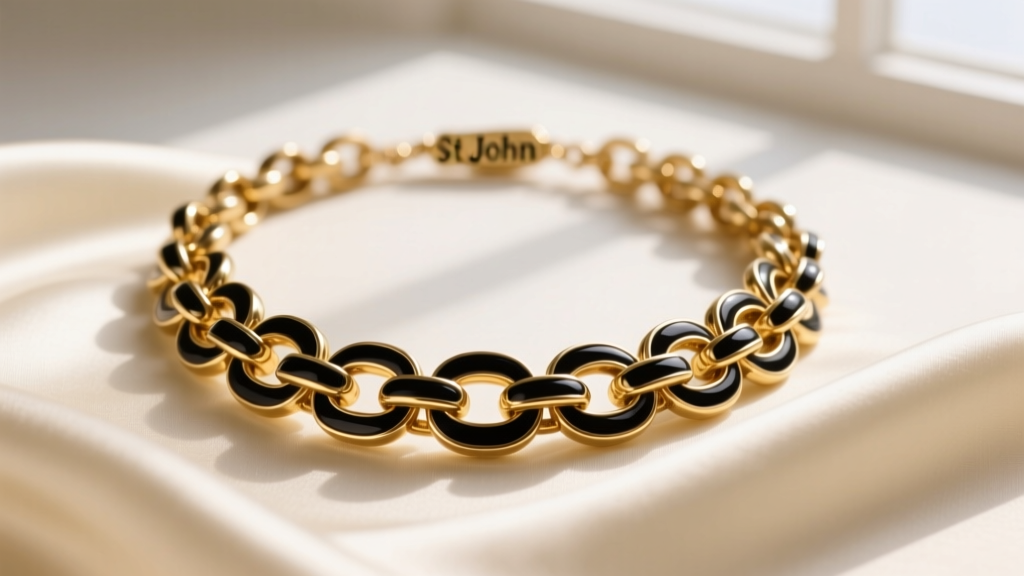 Close-up of a vintage St John necklace with heavy gold-plated brass links and black enamel accents resting on cream silk fabric.