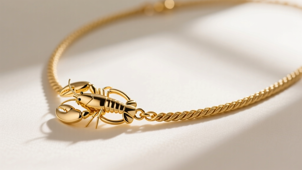 Macro shot of a 14k gold lobster clasp and extender chain on a 16-inch rope necklace, highlighting polished metal texture.