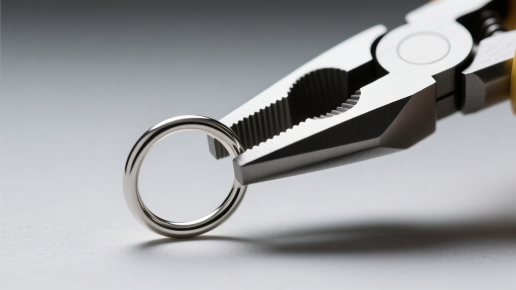 Macro shot of a half-hard sterling silver ear wire being formed with nylon jaw pliers, highlighting the smooth curve