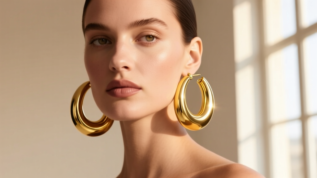 Model wearing 60mm polished 14k yellow gold hoop earrings, highlighting reflective metal against a soft neutral studio backdrop