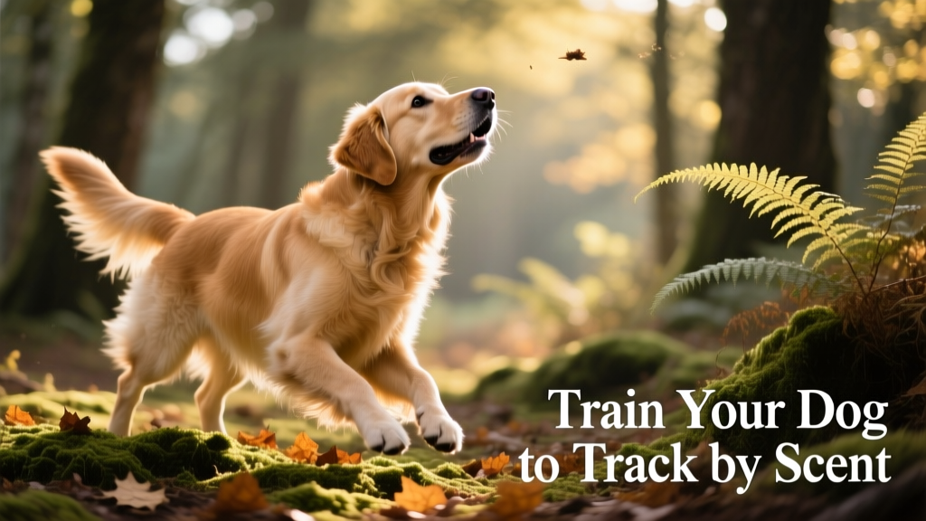 Dog lifting its head mid-search, nose tilted upward, in a wooded clearing