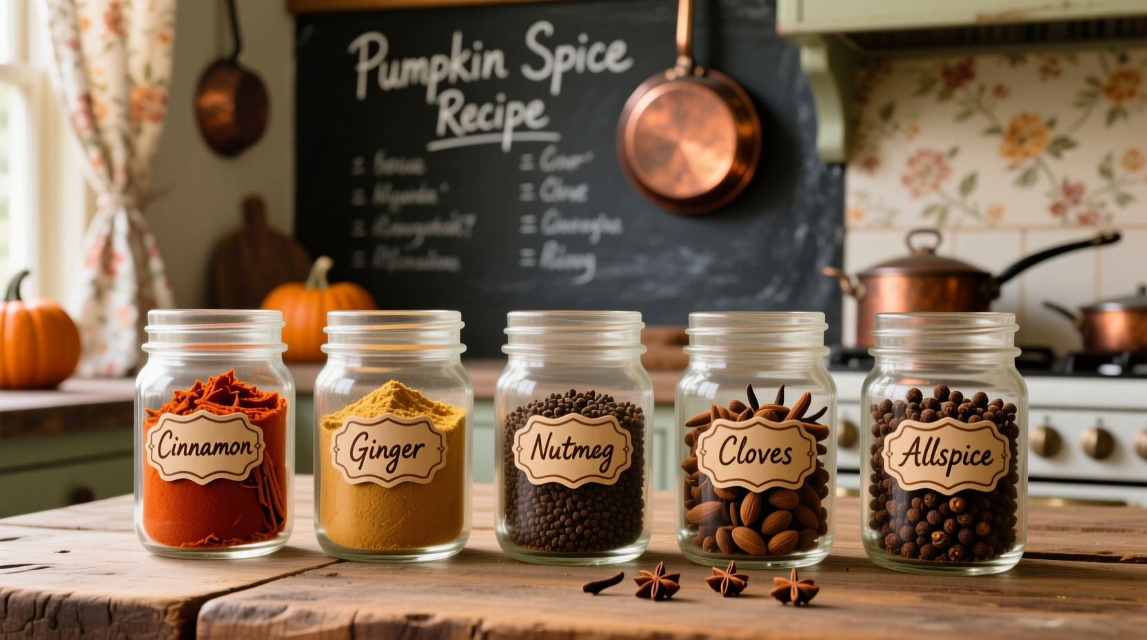 Homemade pumpkin spice ingredients in glass jars