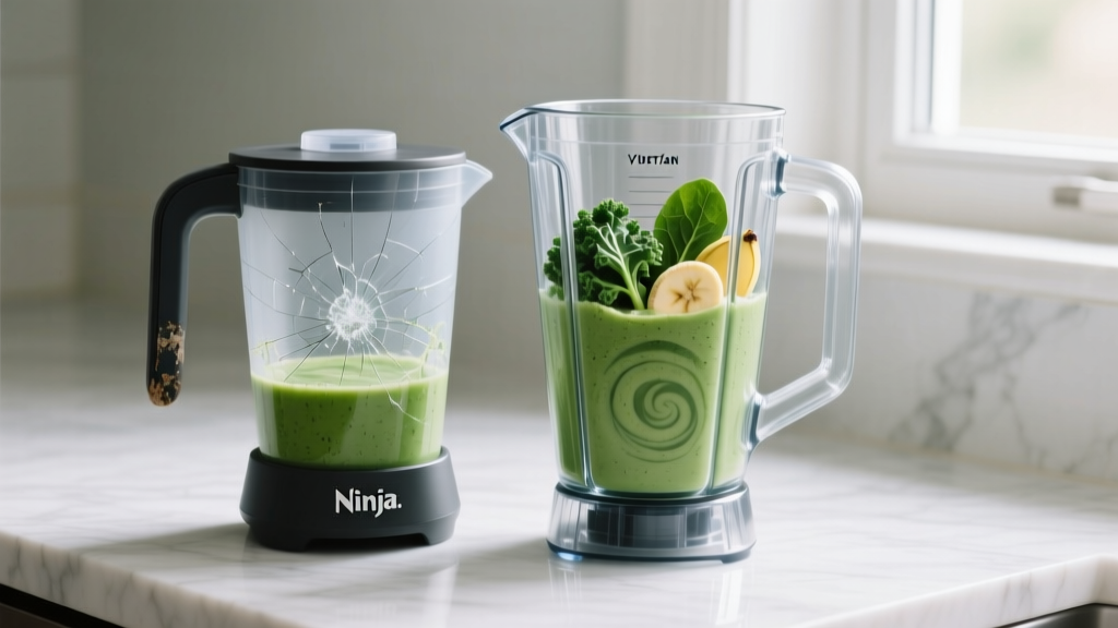 Scratched plastic Ninja blender pitcher next to a pristine Vitamix Tritan pitcher filled with green smoothie on a marble countertop