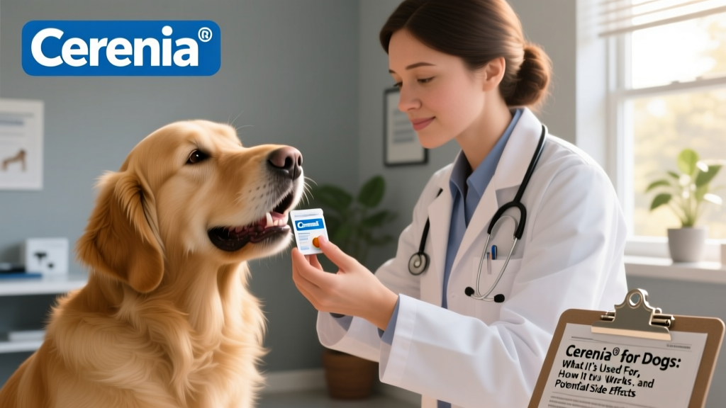A veterinarian gently examining a dog’s mouth while holding a Cerenia® tablet, with a calm expression