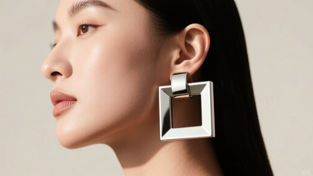 Side profile of a woman with a round face wearing 60mm geometric square large earring hoops in polished silver, minimal aesthetic.