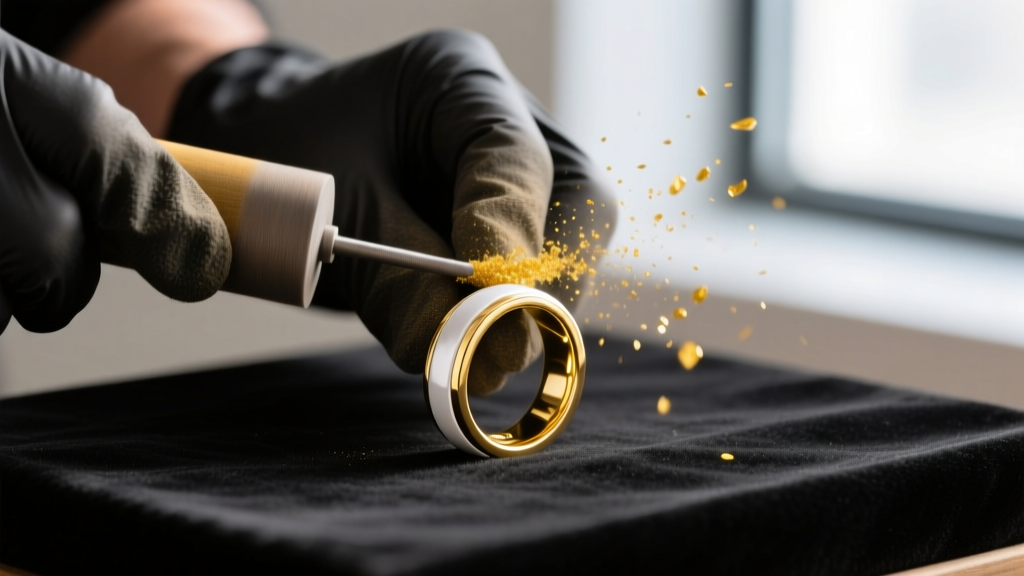 Jeweler carefully buffing the yellow gold section of a two-tone ring with a polishing wheel while protecting the white gold finish