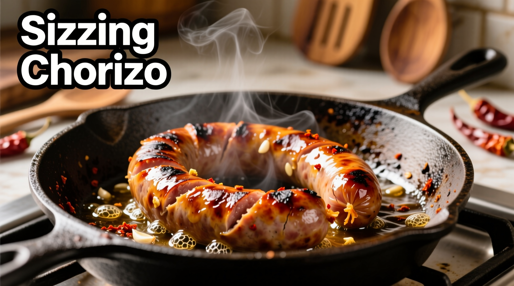 Chorizo cooking in cast iron skillet with rendered fat
