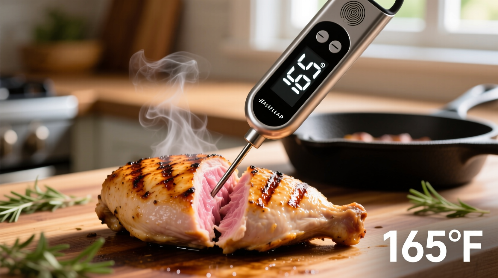 Digital meat thermometer showing 165 degrees in chicken breast