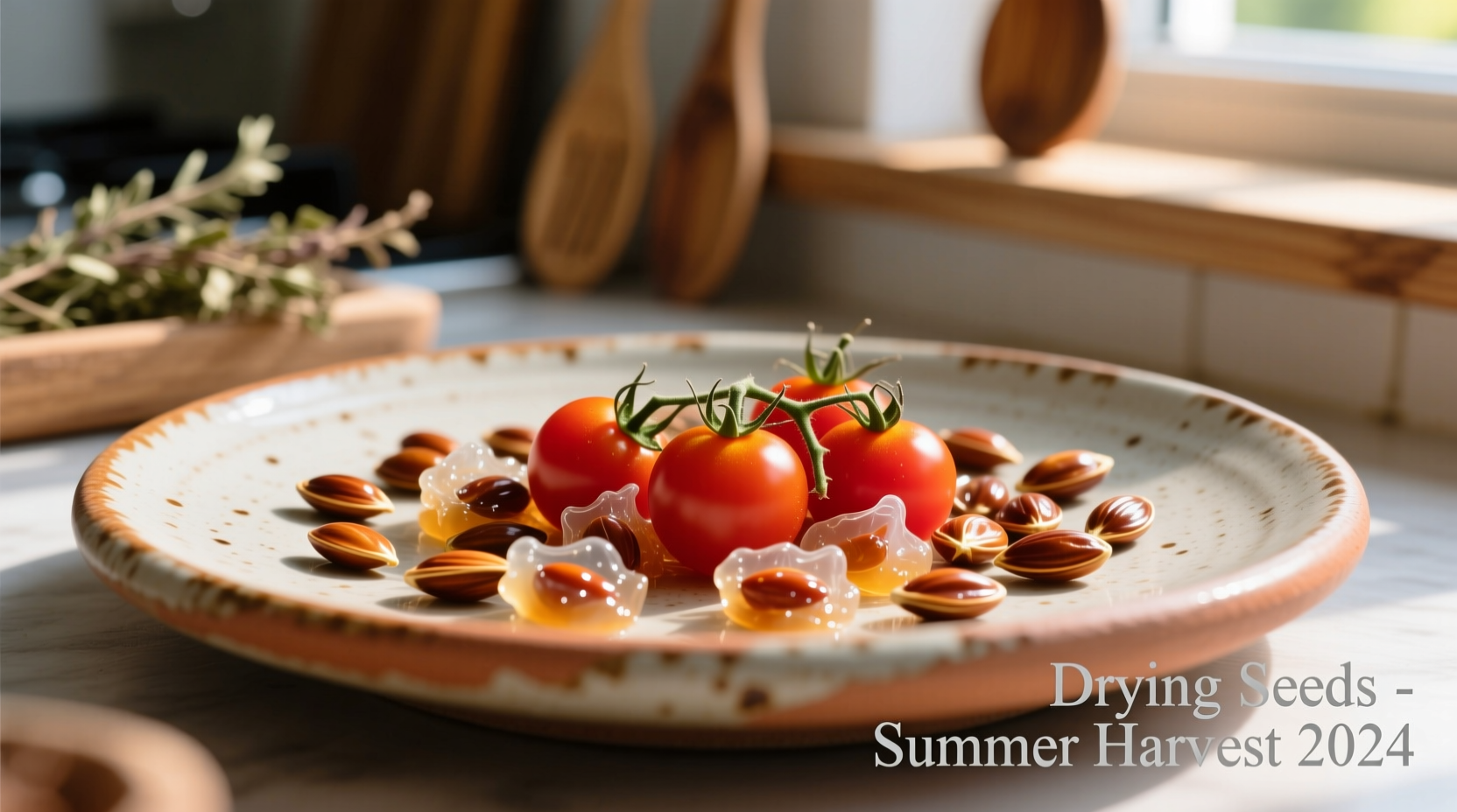 Close-up of tomato seeds drying on ceramic plate