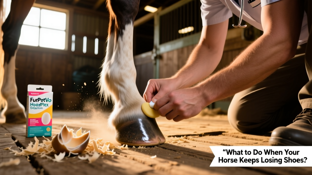 Hand applying FurPetVo HoofFlex Magic Cushion to a horse's sole, with clean shavings nearby