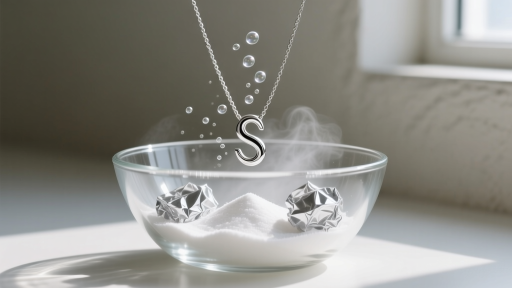 Silver S-necklace submerged in a glass bowl with baking soda and aluminum foil, showing gentle chemical bubbling action overhead.