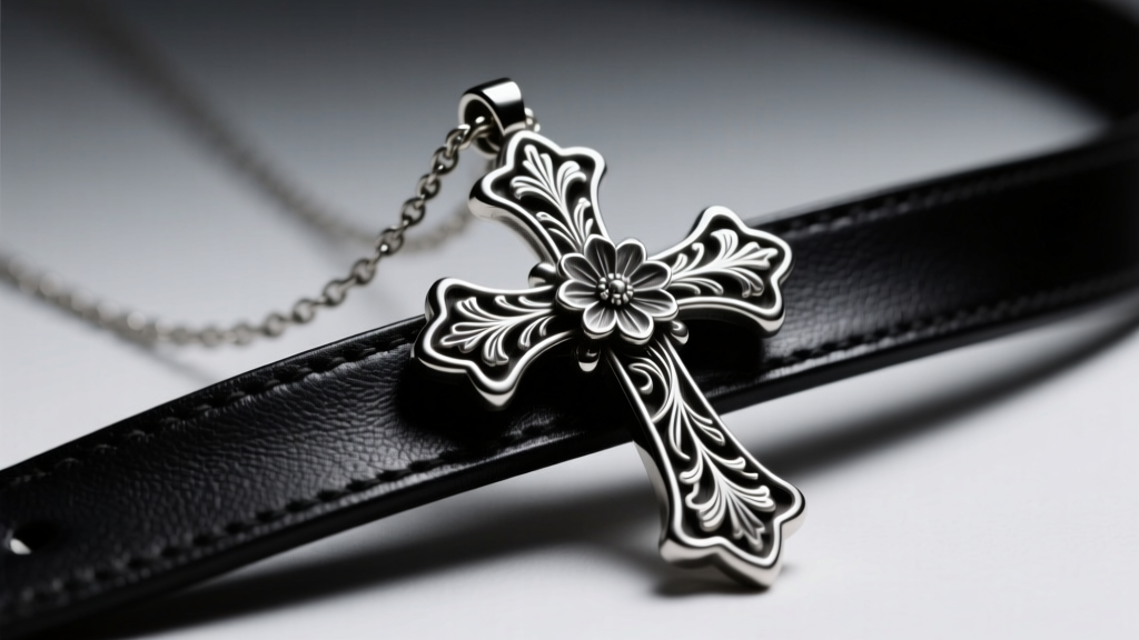 Heavy gothic sterling silver cross necklace on black leather, dramatic lighting highlights intricate floral engraving details.