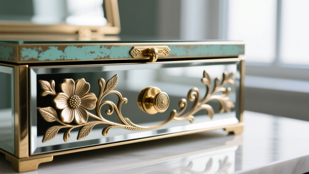 Close-up of brass-plated zinc alloy drawer pulls on a mirrored jewelry box, showing intricate floral casting and slight patina