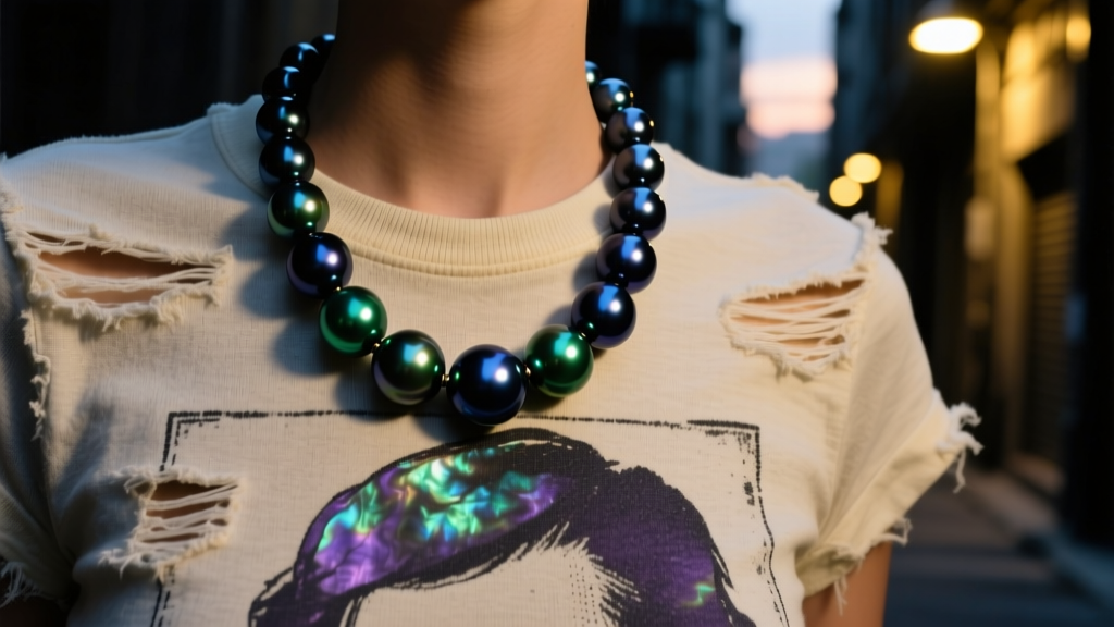 Close-up of thick-nacre Tahitian black pearl necklace draped over a distressed vintage graphic tee in moody urban street lighting