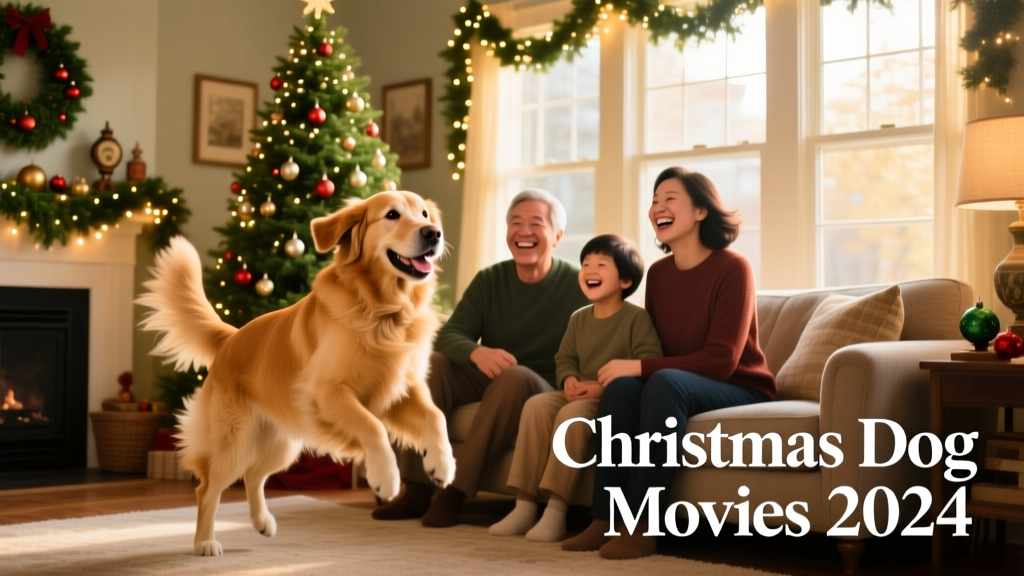 A family laughing together with their dog surrounded by festive Christmas decorations