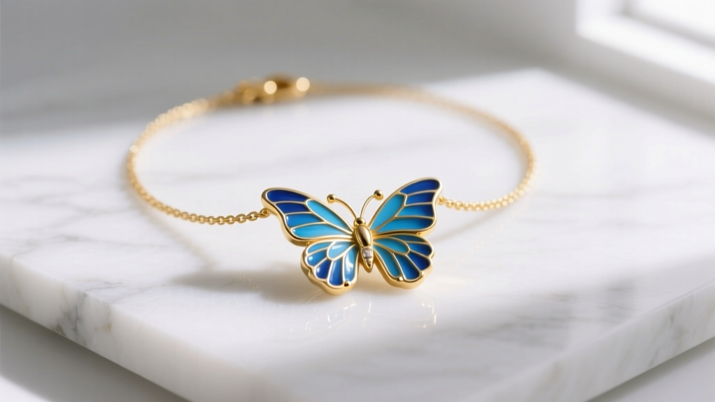Solid gold necklace with butterfly pendant featuring blue vitreous enamel wings resting on a clean white marble surface.
