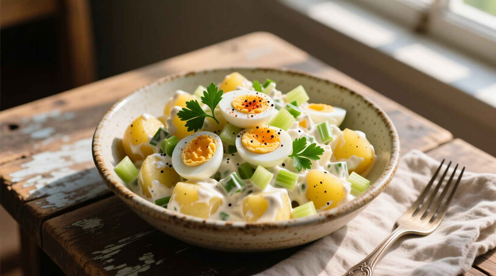 Creamy potato salad with chopped hard boiled eggs