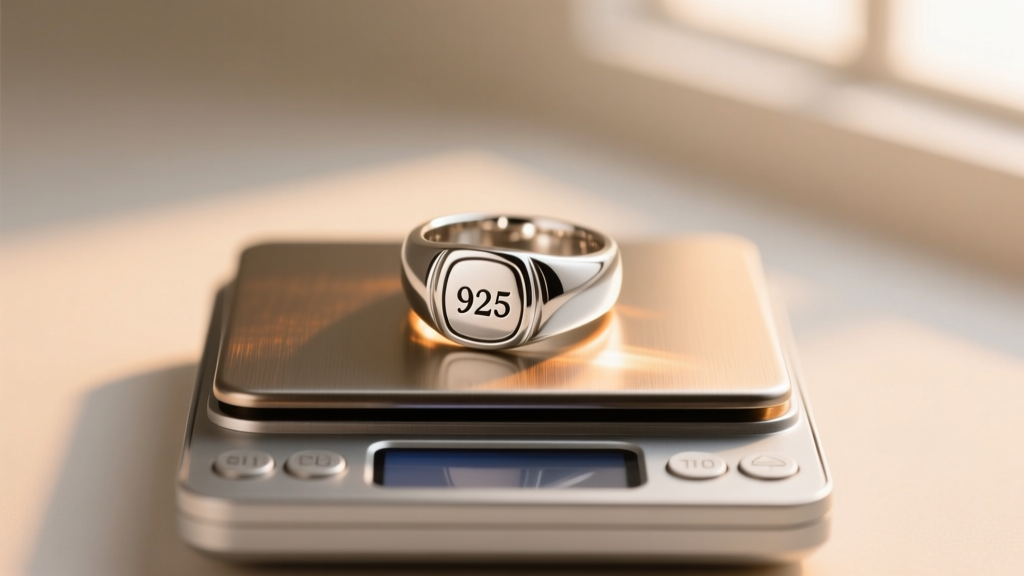 Vintage 925 sterling silver signet ring resting on a digital jewelry scale, warm studio lighting highlighting the hallmark stamp.