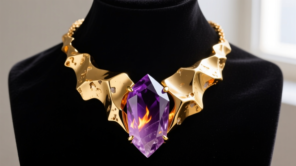 1970s brutalist gold necklace with heavily textured melted metal and a raw uncut purple amethyst crystal on dark velvet.