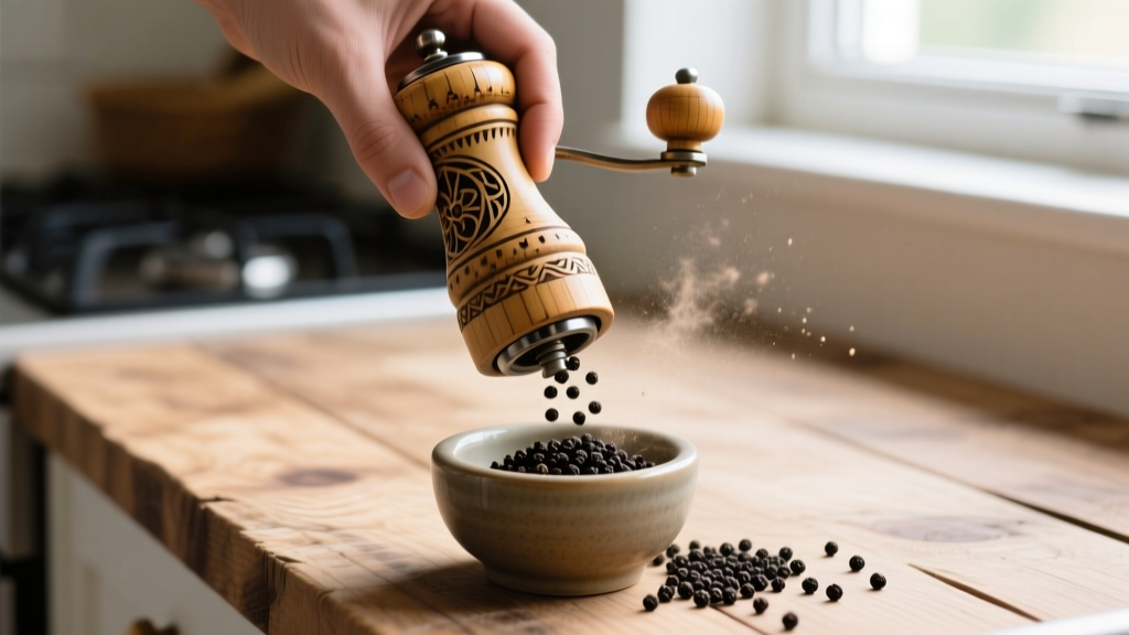Hand grinding black peppercorns using a recycled bamboo and ceramic burr spice grinder over a rustic wooden kitchen island surface