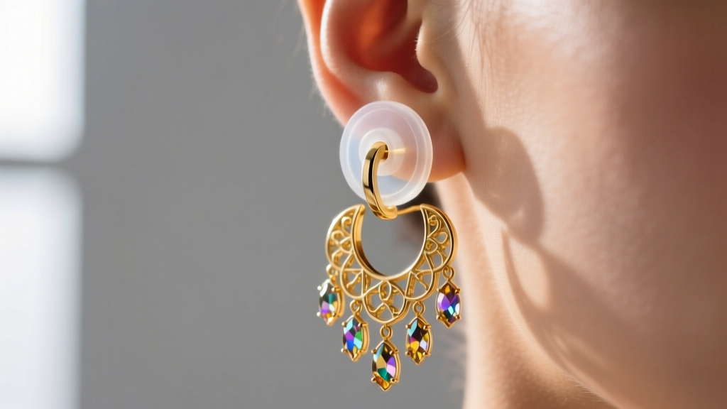 Close-up of a heavy 14k gold chandelier earring secured by a thick, transparent medical-grade silicone support disc on a lobe.