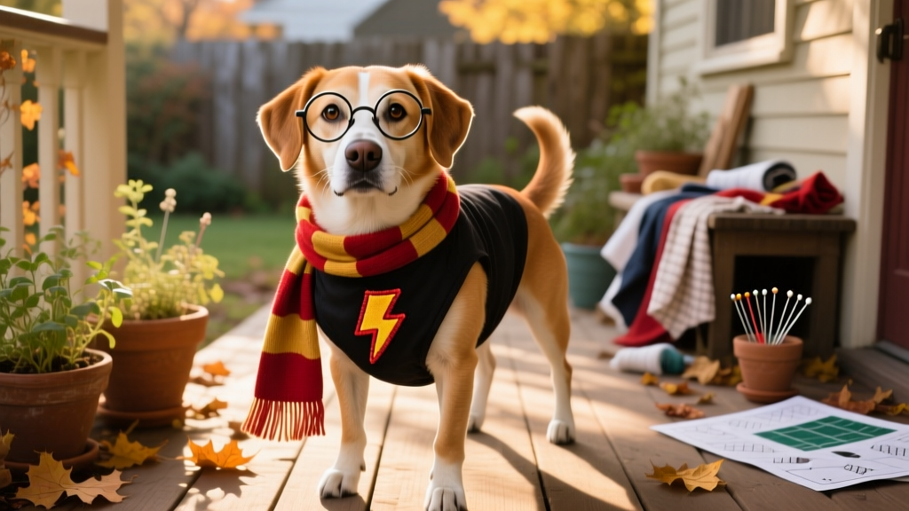 A medium-sized dog wearing a whimsical Harry Potter-themed costume with round glasses, lightning-bolt patch, and red-and-gold scarf