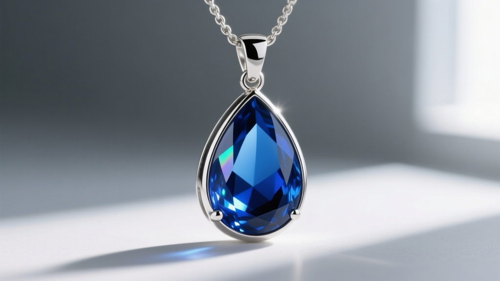 Macro shot of a teardrop mood necklace pendant showing vibrant deep blue liquid crystals set in a polished sterling silver bezel.