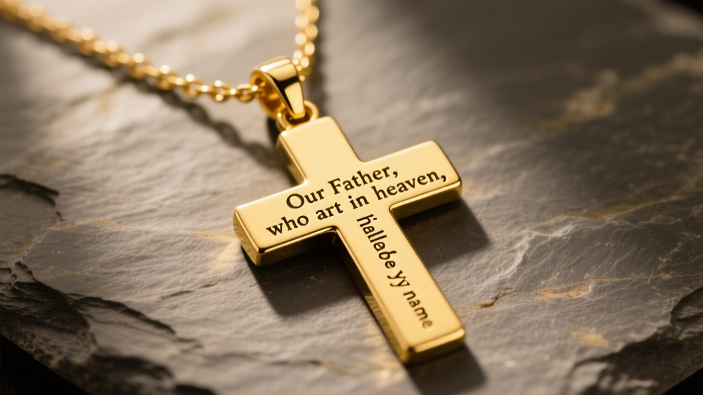 Polished 14k yellow gold Our Father cross necklace on slate, showing crisp laser-engraved prayer text on the pendant.