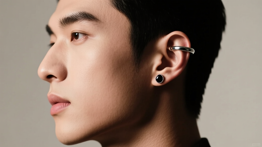 Side profile of a male model showcasing a silver ear cuff on the upper cartilage and a small black onyx lobe stud, moody lighting