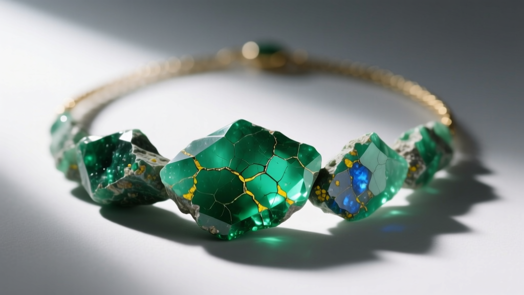 Macro shot of a rough-cut emerald rocky necklace showing natural inclusions and jagged edges, lit by soft directional sunlight.