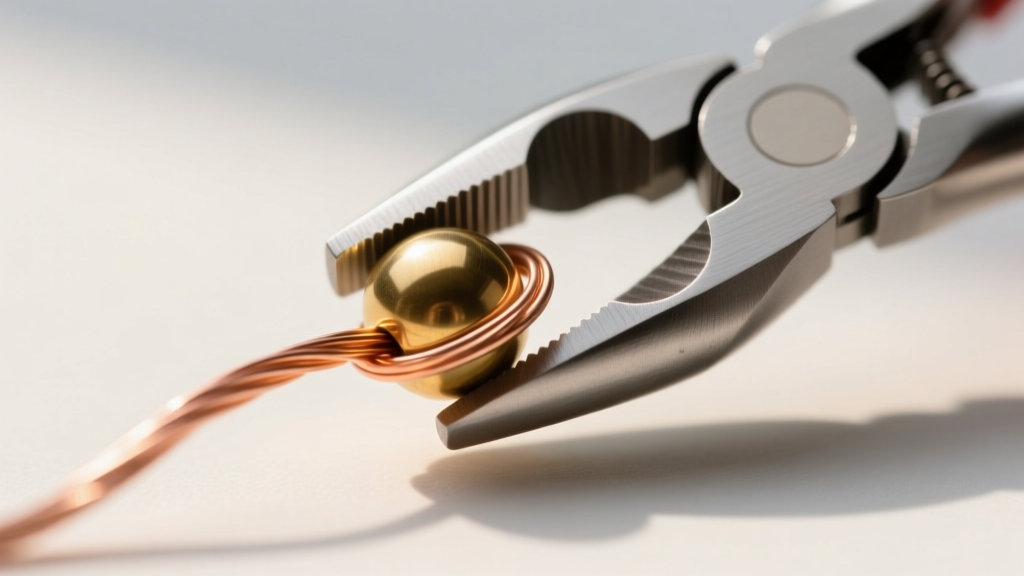 Macro shot of 20-gauge copper wire looped around a brass bead using stainless steel round nose pliers in bright, natural daylight