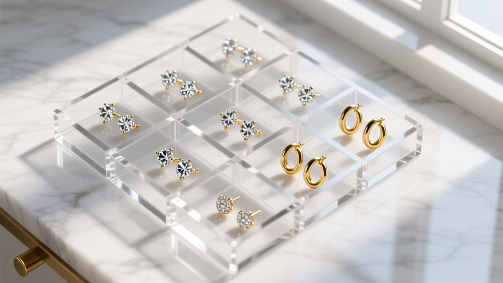 Overhead view of modular acrylic storage earrings trays holding diamond studs and gold huggies on a clean white marble surface